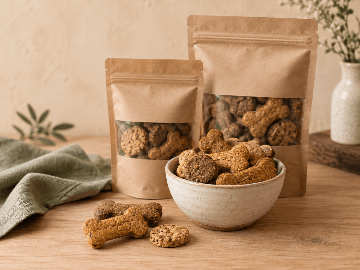 Hondenkoekjes in kraftverpakking en een keramieken schaaltje