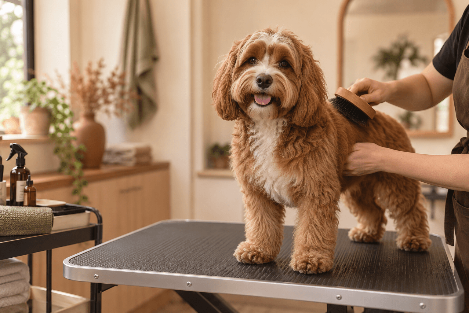 Een hond wordt rustig geborsteld in een warme trimsalon